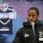 Penn State wide receiver K. J. Hamler speaks during a press conference at the NFL football scouting combine in Indianapolis, Tuesday, Feb. 25, 2020. (AP Photo/Charlie Neibergall)