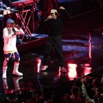 Lil Wayne and Chance the Rapper perform during halftime of the NBA All-Star basketball game Sunday, Feb. 16, 2020, in Chicago. (AP Photo/David Banks)