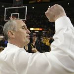 Arizona State head coach Bobby Hurley pumps his fist after his team upset Oregon 77-72 during a NCAA college basketball game Thursday, Feb. 20, 2020, in Tempe, Ariz. (AP Photo/Darryl Webb)