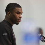 Ohio State defensive back Jeff Okudah speaks during a news conference at the NFL football scouting combine in Indianapolis, Friday, Feb. 28, 2020. (AP Photo/AJ Mast)