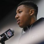 Virginia defensive back Bryce Hall speaks during a news conference at the NFL football scouting combine in Indianapolis, Friday, Feb. 28, 2020. (AP Photo/AJ Mast)