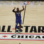 LeBron James of the Los Angeles Lakers celebrates during the second half of the NBA All-Star basketball game Sunday, Feb. 16, 2020, in Chicago. (AP Photo/David Banks)