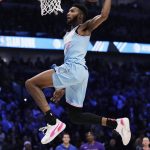 Miami Heat's Derrick Jones Jr. heads to the hoop during the NBA All-Star slam dunk contest in Chicago, Saturday, Feb. 15, 2020. (AP Photo/Nam Y. Huh)