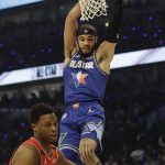 Jayson Tatum of the Boston Celtics dunks during the first half of the NBA All-Star basketball game Sunday, Feb. 16, 2020, in Chicago. (AP Photo/Nam Huh)