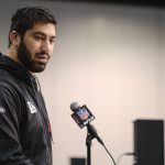 Iowa defensive lineman A. J. Epenesa speaks during a press conference at the NFL football scouting combine in Indianapolis, Thursday, Feb. 27, 2020. (AP Photo/AJ Mast)