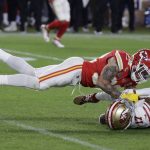 Kansas City Chiefs' Tyrann Mathieu (32) tackles San Francisco 49ers' Emmanuel Sanders (17) during the second half of the NFL Super Bowl 54 football game Sunday, Feb. 2, 2020, in Miami Gardens, Fla. (AP Photo/Seth Wenig)