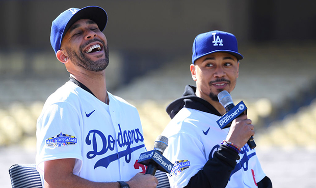David Price #33 and Mookie Betts #50 of the Los Angeles Dodgers answer questions from the media dur...