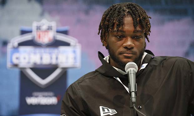 Arizona State wide receiver Brandon Aiyuk speaks during a press conference at the NFL football scou...