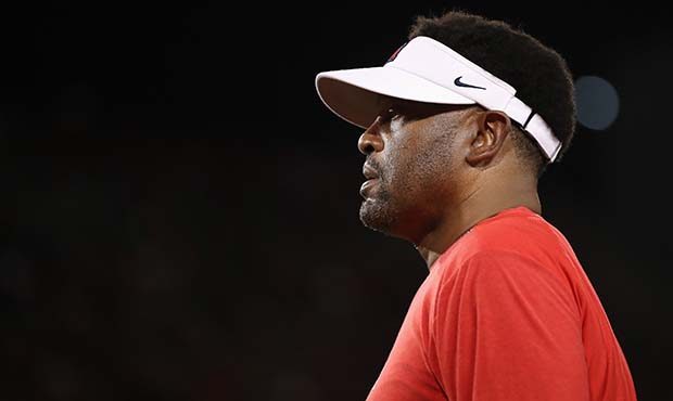 Head coach Kevin Sumlin of the Arizona Wildcats watches from the sidelines during the NCAAF game ag...