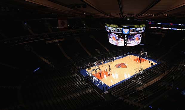 A general view of the basketball court before fans are admitted to the arena prior to the game betw...