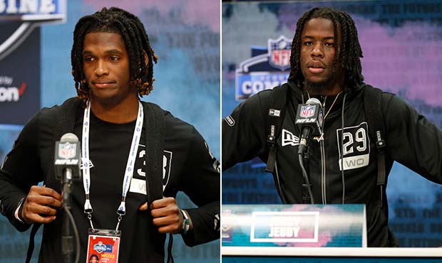 Oklahoma WR CeeDee Lamb, left, and Alabama WR Jerry Jeudy, right, at the 2020 NFL Draft Combine on ...