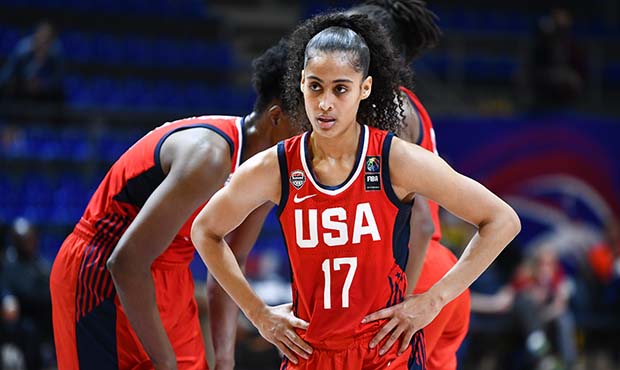 Skylar Diggins (C) of USA reacts during the FIBA Women's Olympic Qualifying Tournament 2020 Group A...