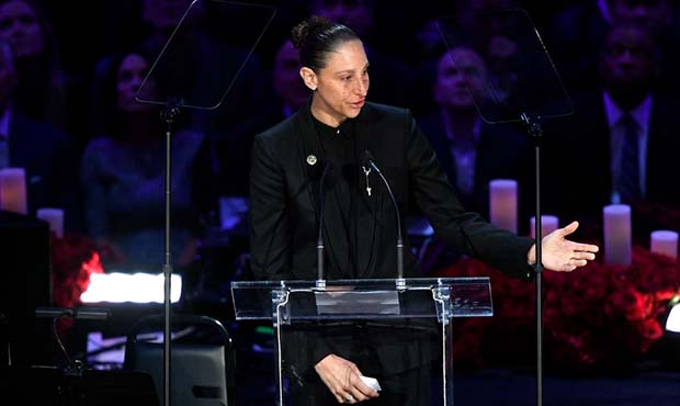 Diana Taurasi speaks during The Celebration of Life for Kobe & Gianna Bryant at Staples Center on F...
