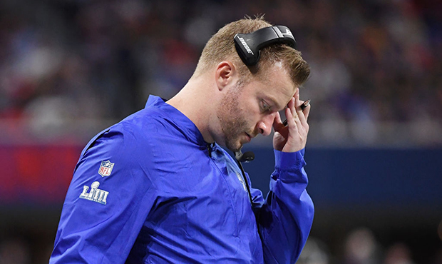 Head Coach Sean McVay of the Los Angeles Rams reacts in the first half during Super Bowl LIII again...