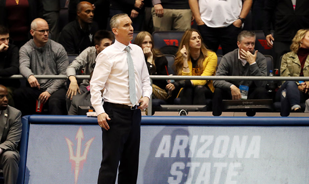 Head coach Bobby Hurley of the Arizona State Sun Devils reacts during the second half against the S...