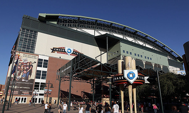 General view of the exterior of Chase Field before the Major League Baseball game between the San F...