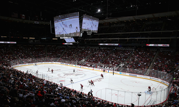 General view of action between the Vegas Golden Knights and the Arizona Coyotes during the second p...