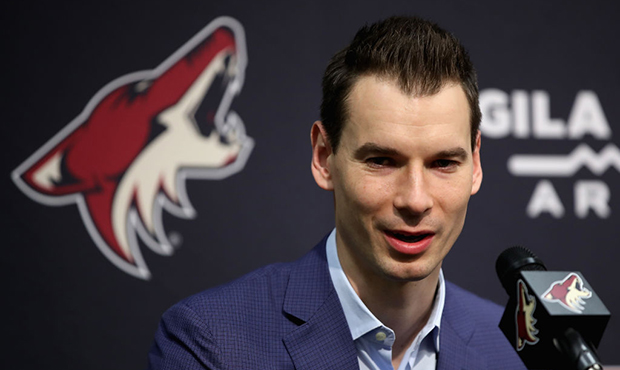 General manager John Chayka of the Arizona Coyotes speaks during a press conference to introduce Ta...