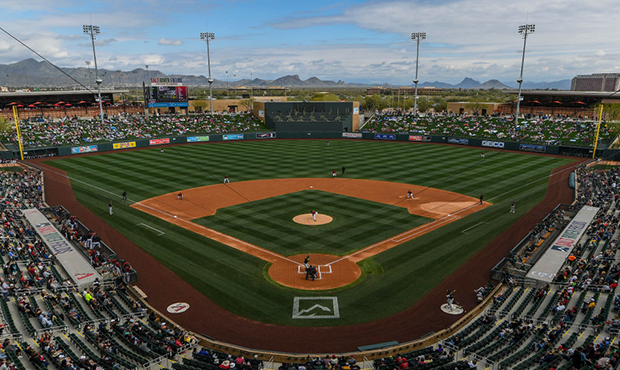 An overhead view of the spring training game between the Oakland Athletics and Arizona Diamondbacks...