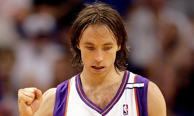 Steve Nash #13 of the Phoenix Suns pumps his fist after a play against the San Antonio Spurs in Gam...