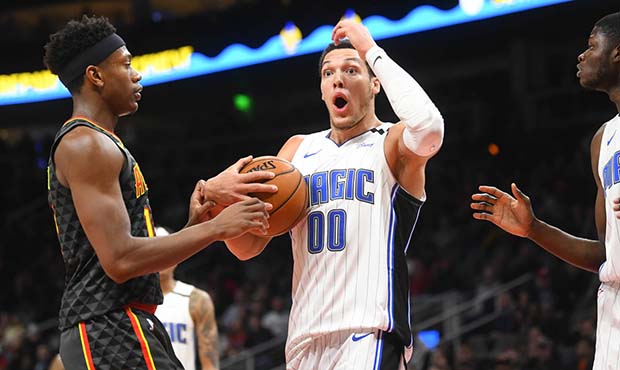 Orlando Magic forward Aaron Gordon (00) reacts after being called for a foul on Atlanta Hawks cente...