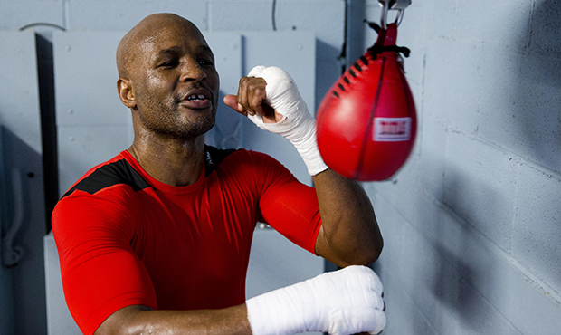 In this April 10, 2014 photo, IBF light heavyweight boxing champion Bernard Hopkins works a speed b...