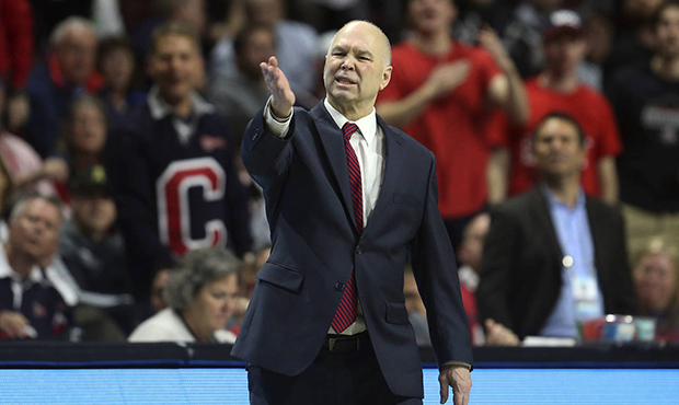 Saint Mary's head coach Randy Bennett instructs his team against BYU during the first half of an NC...