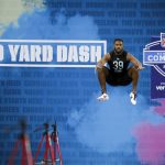 Utah defensive back Terrell Burgess prepares to run the 40-yard dash at the NFL football scouting combine in Indianapolis, Sunday, March 1, 2020. (AP Photo/Charlie Neibergall)