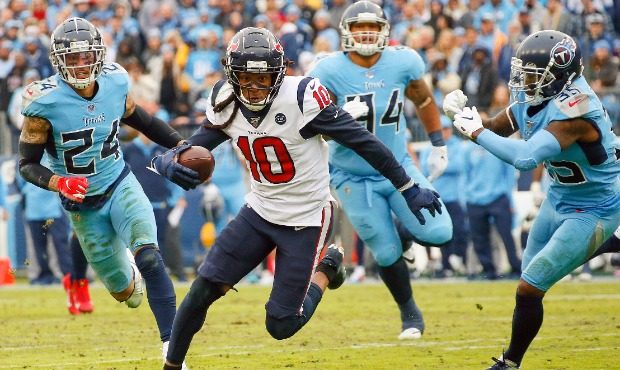 DeAndre Hopkins #10 of the Houston Texans runs after a reception against the Tennessee Titans durin...