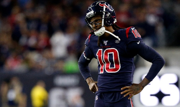 DeAndre Hopkins #10 of the Houston Texans reacts against the New England Patriots during the first ...