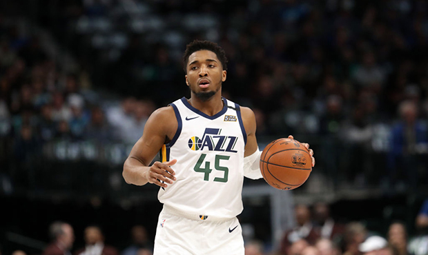Donovan Mitchell #45 of the Utah Jazz at American Airlines Center on February 10, 2020 in Dallas, T...