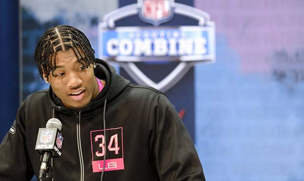 Clemson linebacker Isaiah Simmons speaks during a press conference at the NFL football scouting com...