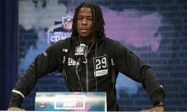 Alabama wide receiver Jerry Jeudy speaks during a press conference at the NFL football scouting com...