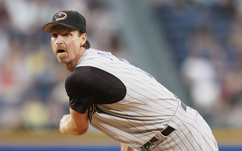 New York Yankees' new pitcher Randy Johnson takes the mound as he