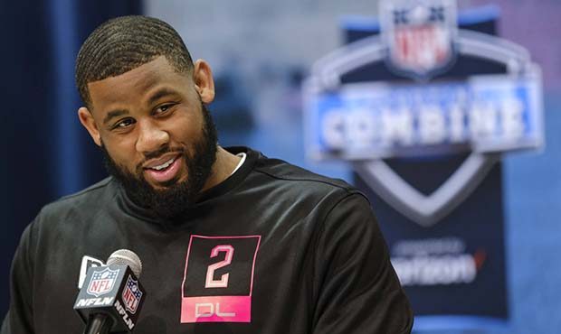 TCU defensive lineman Ross Blacklock speaks during a press conference at the NFL football scouting ...