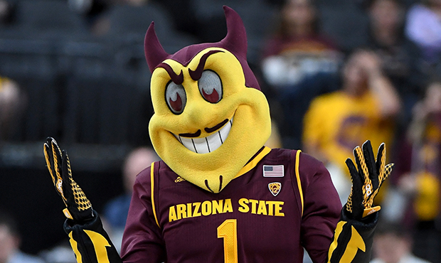 Arizona State Sun Devils mascot Sparky the Sun Devil stands on the court during the team's first-ro...