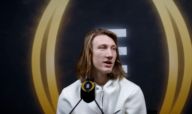 Clemson quarterback Trevor Lawrence speaks during media day for NCAA College Football Playoff natio...