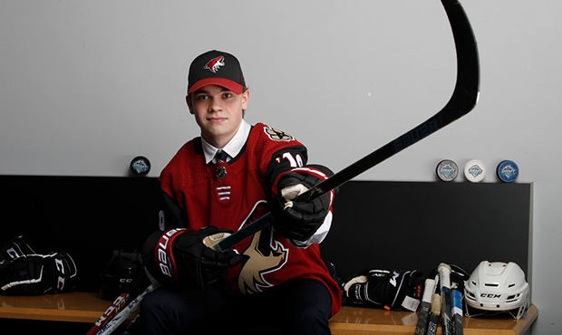 Matias Maccelli poses after being selected 98th overall by the Arizona Coyotes during the 2019 NHL ...