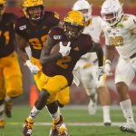 Wide receiver Brandon Aiyuk #2 of the Arizona State Sun Devils runs with the football en route to scoring on a 77 yard touchdown against the Kent State Golden Flashes during the second half of the NCAAF game at Sun Devil Stadium on August 29, 2019 in Tempe, Arizona. (Photo by Christian Petersen/Getty Images)
