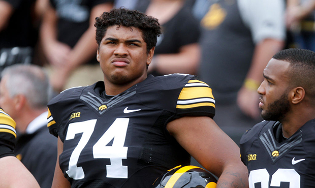 Offensive lineman Tristan Wirfs #74 of the Iowa Hawkeyes before the match-up against the Wyoming Co...