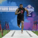 FILE - In this Feb. 29, 2020, file photo, TCU defensive lineman Ross Blacklock runs the 40-yard dash at the NFL football scouting combine in Indianapolis. Blacklock is a possible pick in the NFL Draft which runs Thursday, April 23, 2020, thru Saturday, April 25. (AP Photo/Michael Conroy, File)