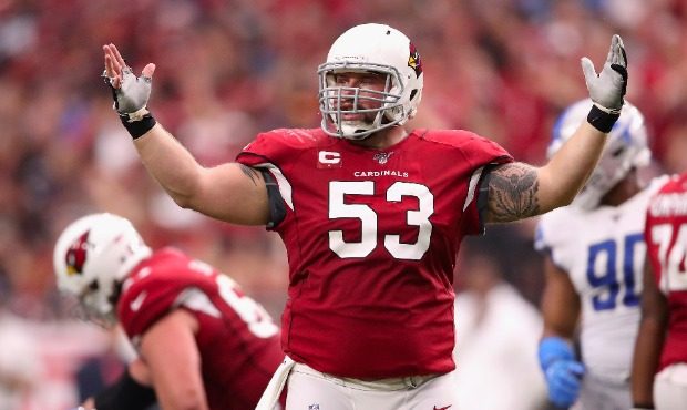 Center A.Q. Shipley #53 of the Arizona Cardinals reacts during the second half of the NFL game agai...
