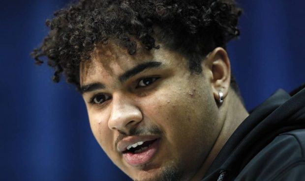 Iowa offensive lineman Tristan Wirfs speaks during a press conference at the NFL football scouting ...