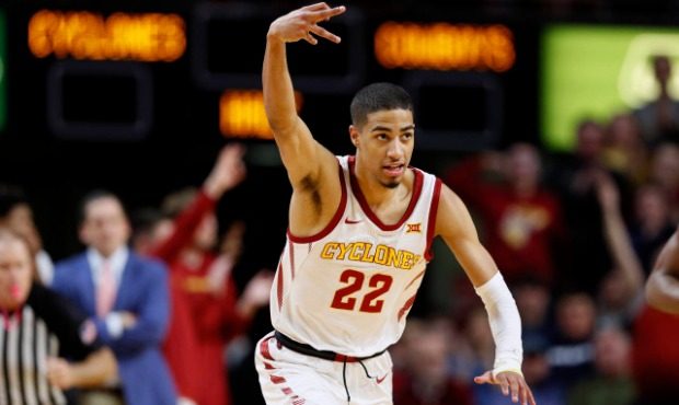 Iowa State guard Tyrese Haliburton celebrates after making a three-point basket during the second h...
