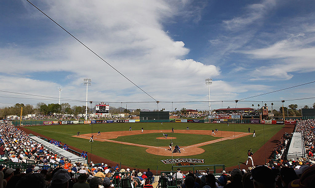 General view of action between the San Francisco Giants and the Chicago Cubs during the spring trai...