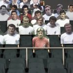 Pictures of players of Borussia Moenchengladbach team that won the German league in 1970 are placed in the stands prior to the German Bundesliga soccer match between Borussia Moenchengladbach and Leverkusen, in Moenchengladbach, Germany, Saturday, May 23, 2020. (Ina Fassbender Pool Photo via AP)