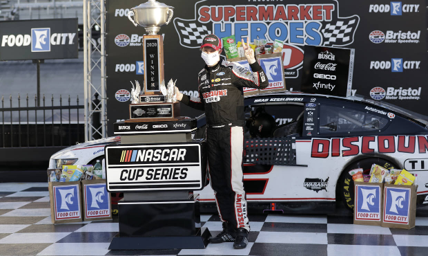 Brad Keselowski (2) celebrates after winning a NASCAR Cup Series auto race at Bristol Motor Speedwa...