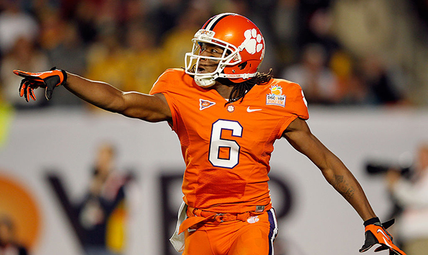 DeAndre Hopkins #6 of the Clemson Tigers gestures against the West Virginia Mountaineers during the...