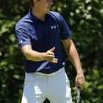 Jordan Spieth reacts after missing a par putt on the fifth hole during the final round of the Charles Schwab Challenge golf tournament at the Colonial Country Club in Fort Worth, Texas, Sunday, June 14, 2020. (AP Photo/David J. Phillip)