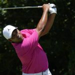 Harold Varner III tees off on the sixth hole during the final round of the Charles Schwab Challenge golf tournament at the Colonial Country Club in Fort Worth, Texas, Sunday, June 14, 2020. (AP Photo/David J. Phillip)